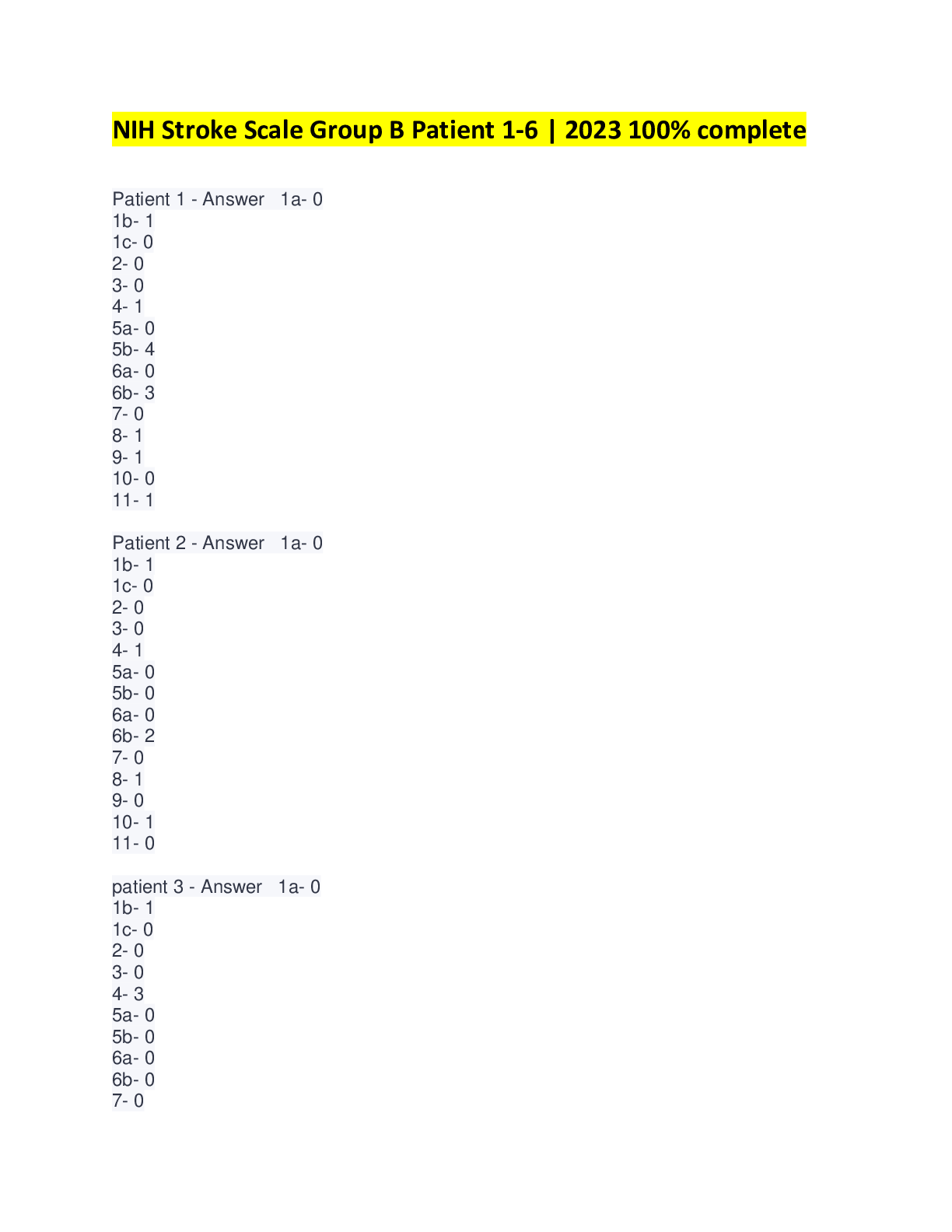 Preview image for NIH Stroke Scale Group B Patient 1-6 Test with verified correct complete solution 2023